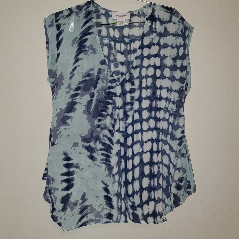 Small Peck & Peck Mismatch Blue Tie Dye Cap Sleeve Top